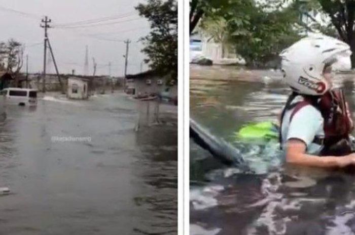 Tanggul jebol membuat Pelabuhan Tanjung Emas banjir hingga motor tenggelam
