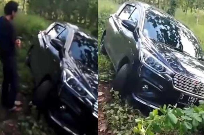 Suzuki Ertiga terjebak di dalam hutan, perbatasan hutan Mojorayung dan Termulus, Kecamatan Wungu, Kabupaten Madiun, karena mengikuti Google Maps, Minggu (29/5/2022). 