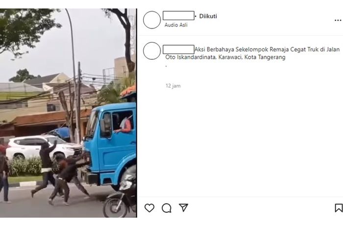 Tangkapan layar unggahan video yang memperlihatkan aksi gerombolan remaja menyegat truk di tengah jalan disebutkan di Karawaci, Kota Tangerang.
