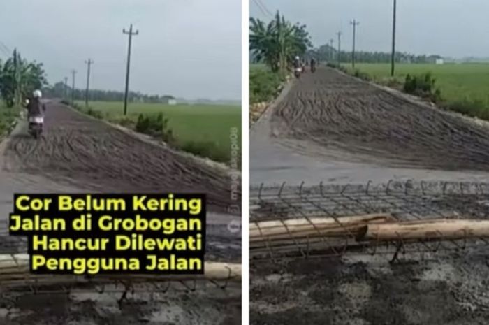 Viral, pengguna jalan nekat melintas meski cor belum kering.