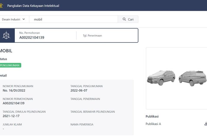 Entri permohonan desain paten mobil diduga Mitsubishi Xpander Cross Facelift pada laman Pangkalan Data Kekayaan Intelektual.