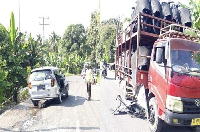 Kondisi Daihatsu Sigra setelah diparut truk Toyota Dyna pengangkut motor di Jalinteng, desa Sukarami, Sekayu, Musi Banyuasin, Sumatera Selatan