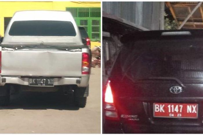 Pelat mobil dinas Pemkab Sergai dengan nomor yang sama di Toyota Hilux (kiri) dan Toyota Kijang Innova (kanan).