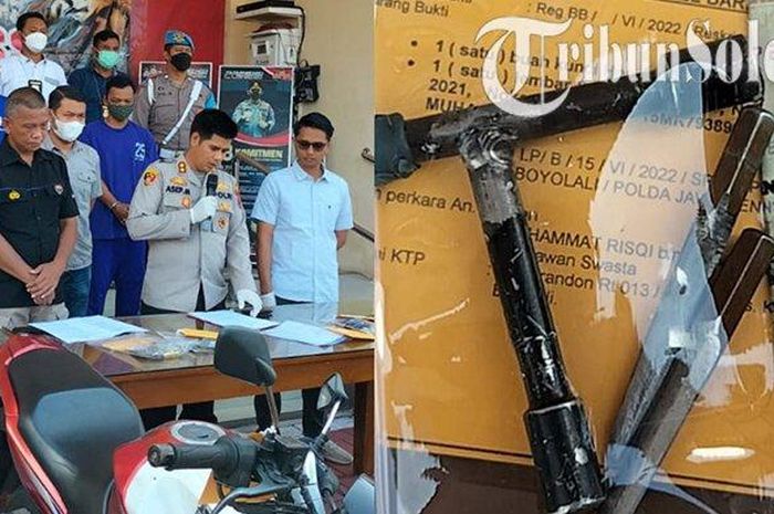 Pelaku pencurian belasan motor Heri Sukmono (42) dan Suyadi alias Bajing (45) saat jumpa pers di Mapolres Boyolali