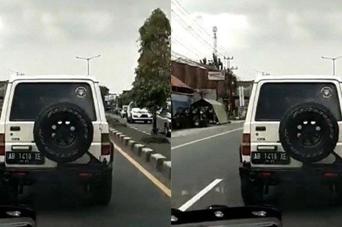 Tangkapan layar mobil Jip putih yang menghalangi laju ambulans yang melintas di Jalan Jogja-Solo Kabupaten Klaten, Rabu (15/6/2022). 
