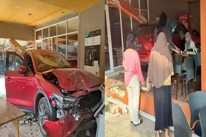 melaju liar karena pedal gas nyangkut di karpet mie, Mazda CX-5 tabrak cafe cucian mobil dan hampir menewaskan tiga orang.