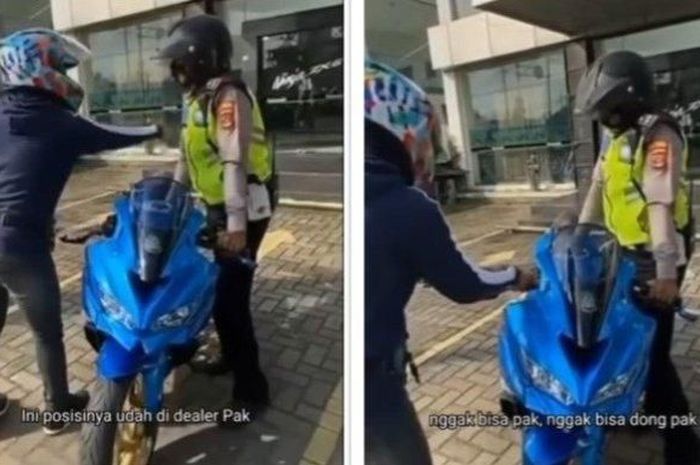 tangkap layar video yang menyebutkan pemilik Kawasaki Ninja ZX-25R enggak diterima ditilang Polisi karena di area dealer.