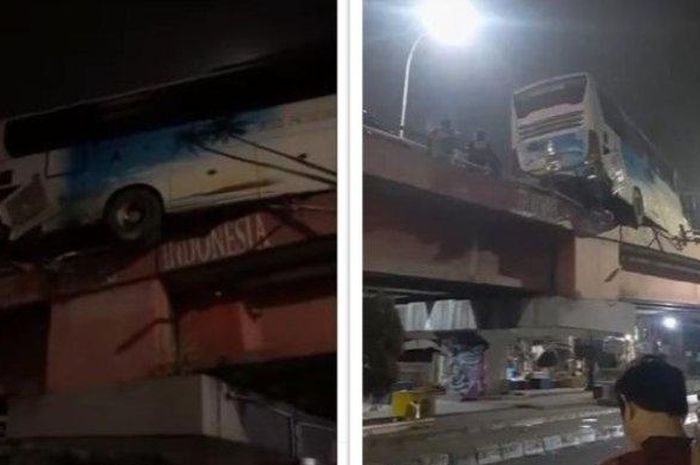 Kecelakaan Bus Tabrak Pembatas Jalan Flyover di Karawang, Badan Bus Menggantung di Atas 
