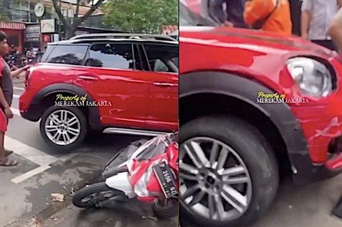 Mini Cooper mengalami kecelakaan lalu lintas di Jalan Gandaria 1, Kebayoran Baru, Jakarta Selatan pada Sabtu (2/7/2022). 