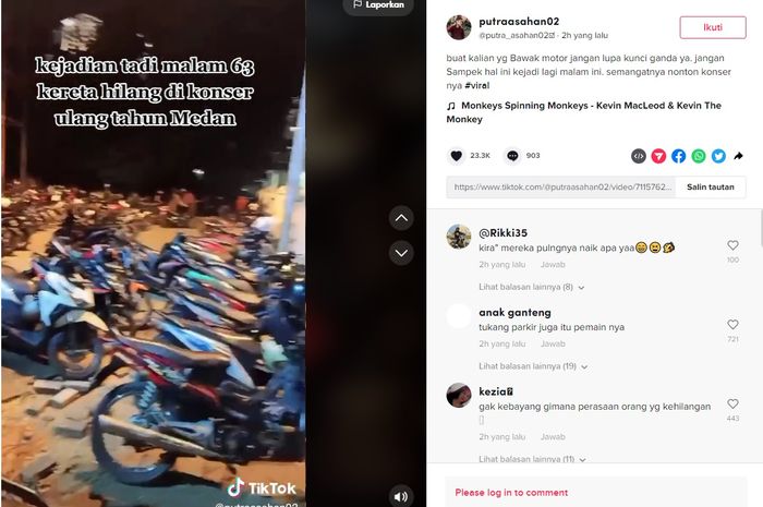 Tangkapan layar video yang menyebutkan adanya 63 motor hilang saat konser HUT ke-432 Kota Medan