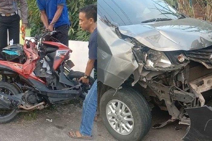 Kondisi Nissan Evalia dan Honda BeAT ambyar setelah tumbukan di depan pom bensin desa Pengaringan, Semidang Aji, OKU, Sumatera Selatan