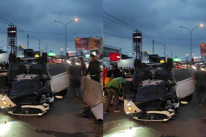 Usai hantam median jalan di Flyover Palur, Jateng, Kabupaten Karanganyar, Mazda terbalik dan mengenai Toyota Etios, Selasa (11/7/2022).