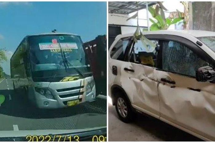 (KIRI) Tangkap layar video bus ugal-ugalan di Madiun dan (KANAN) Toyota Avanza yang ringsek karena diserempet bus. 