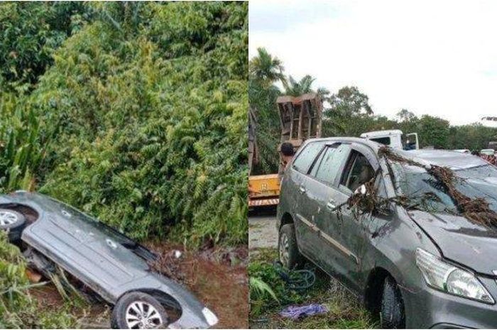 Kondisi Toyota Kijang Innova yang ditumpangi satu keluarga Kakanwil Kemenag Kalteng saat tertancap parit berlumpur hingga membuat enam orang tewas