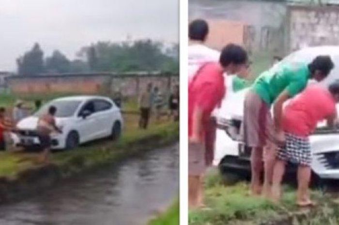 Honda City Hatchback nyasar di anytara irigasi dan sawah