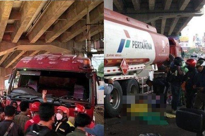 Penampakan kendaraan truk Pertamina yang terlibat kecelakaan maut di Cibubur, Senin (18/7/2022). Suasana mengerikan terganmbar di lokasi kejadian yang mana menewaskan 11 orang. Selain itu ada 5 korban yang berada di kolong truk   