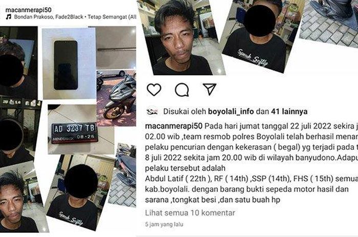 Tangkapan layar instagram penangkapan begal cilik di Boyolali.  