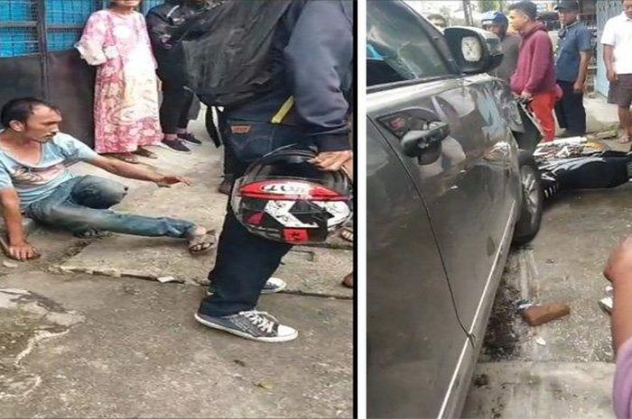 (Kiri) pelaku sopir Toyota Kijang Innova yang diamuk massa setelah tabrak belasan kendaraan karena panik usai maling mobil di kota Medan