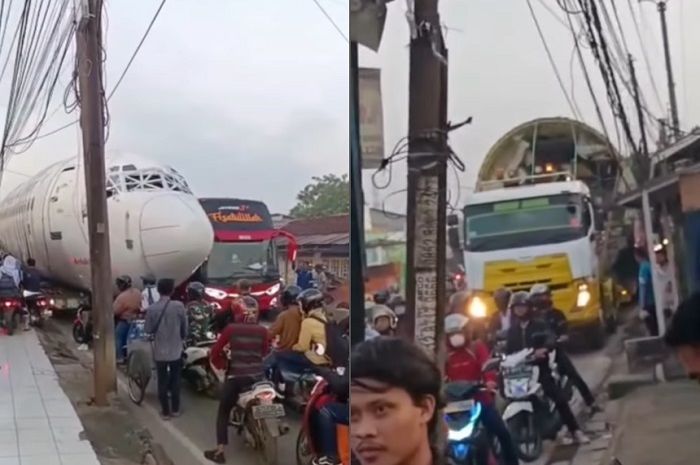 Bangkai pesawat yang diangkut truk melintasi Jalan Raya Parung Bogor bikin macet, Selasa (26/07/2022).