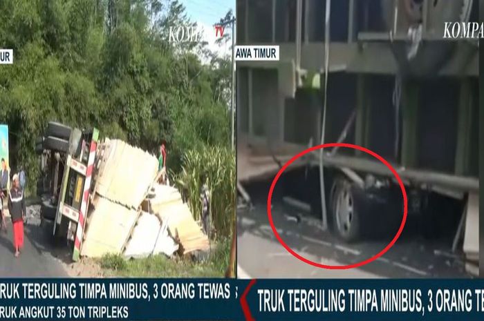 tangkap layar insiden Isuzu Panther gepeng ditimpa muatan triplek dari truk trailer yang terguling di Jember, Sabtu (30/7/2022).