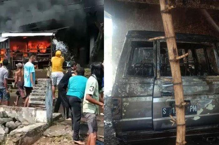 Kebakaran pom mini di Dusun Jetak, Desa Kutogirang, Kecamatan Ngoro, Kabupaten Mojokerto, Minggu (31/7/2022).  