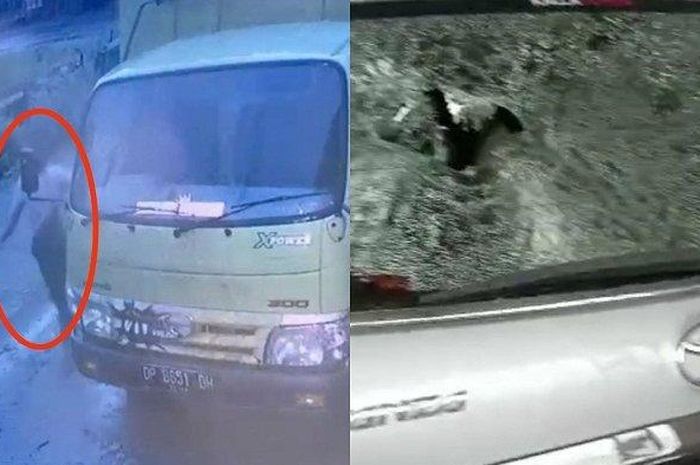 Rekaman CCTV, seorang pemuda timpuk kaca spion truk dan kaca belakang Toyota Avanza hingga pecah di Sidrap, Sulsel