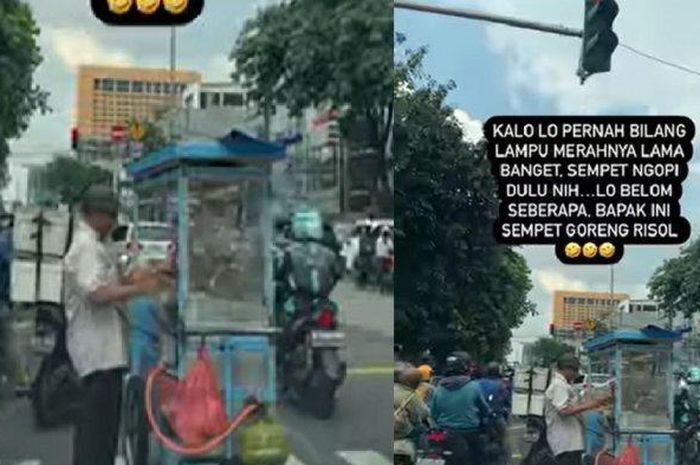 Pedagang risol sempetin goreng dagangannya saat lampu merah nyala