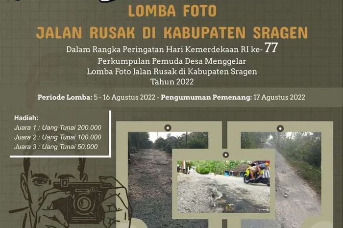 Poster pengumuman Perkumpulan Pemuda Desa (PPD) menggelar lomba foto jalan rusak di Kabupaten Sragen, Jawa Tengah.