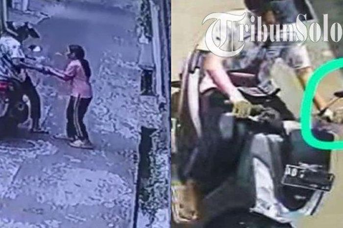 Detik-detik seorang pria yang mengendarai motor Yamaha Lexi menjambret emak-emak
