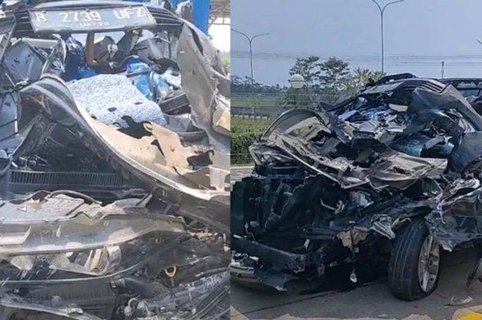 Kondisi Toyota Kijang Innova ayah Gubernur Jawa Tomur, Emil Dardak yang menghantam truk di tol Pemalang-Batang, Jawa Tengah