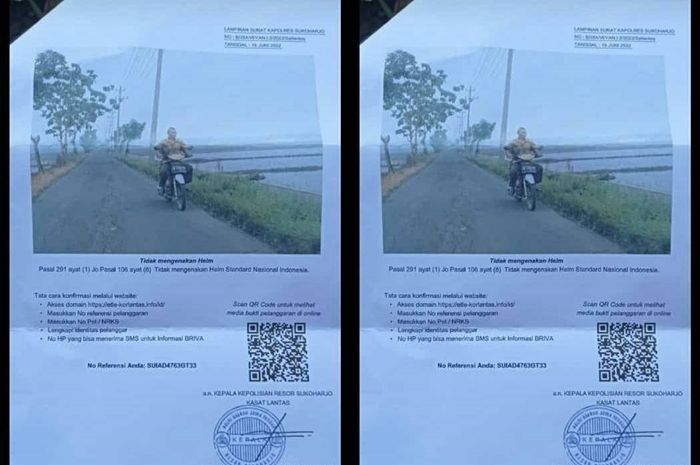 Ilustrasi. Surat denda tilang elektronik yang menyasar pengendara tidak menggunakan helm di jalan kampung.
