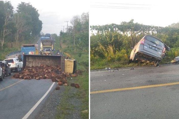 Daihatsu Sigra dan dump truck usai saling tumbuk di Jl Ahmad Yani, 400 Trans, desa Asamjaya, Jorong, Tanah Laut, Kalimantan Selatan