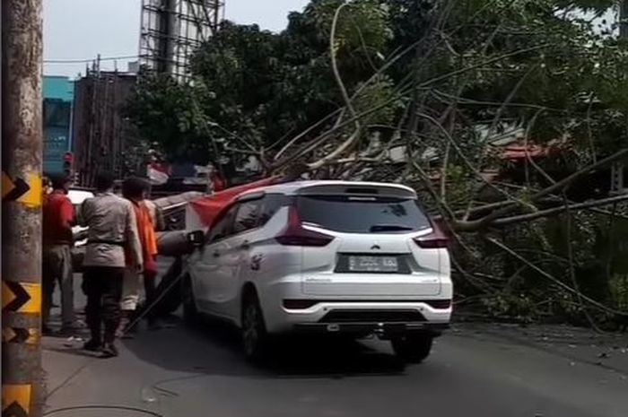 Mitsubishi Xpander tertimpa pohon lapuk di jalan raya Jatiasih, kota Bekasi, Jawa Barat