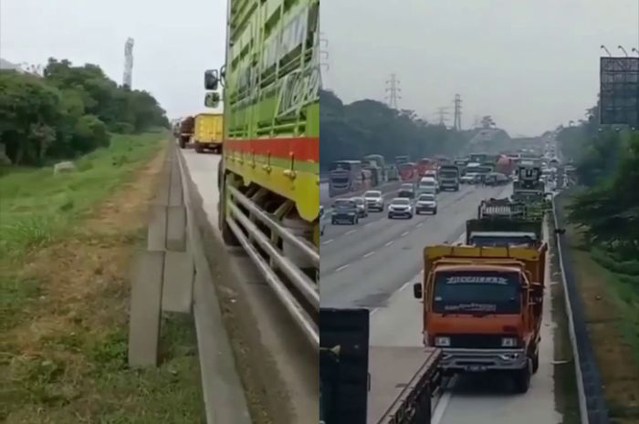 Viral video yang memperlihatkan puluhan truk dan mobil berhenti di bahu jalan ruas tol Cibitung, Minggu (28/08/2022).