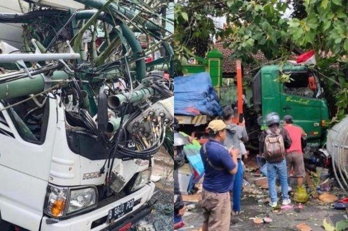 Kondisi truk trailer yang menghantam halte dan tiang komunikasi di Jl Sultan Agung, Kota Baru, kota Bekasi, Jawa Barat, (31/8/22)