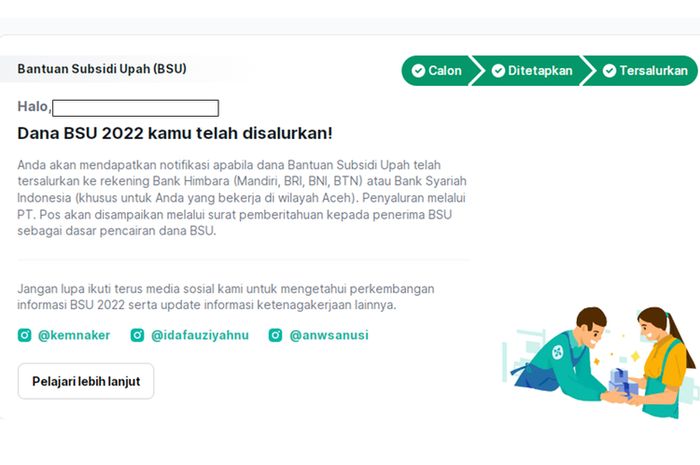 Tangkapan layar laman siapkerja.kemnaker.go.id yang menampilkan notifikasi penyaluran dana BSU 2022.