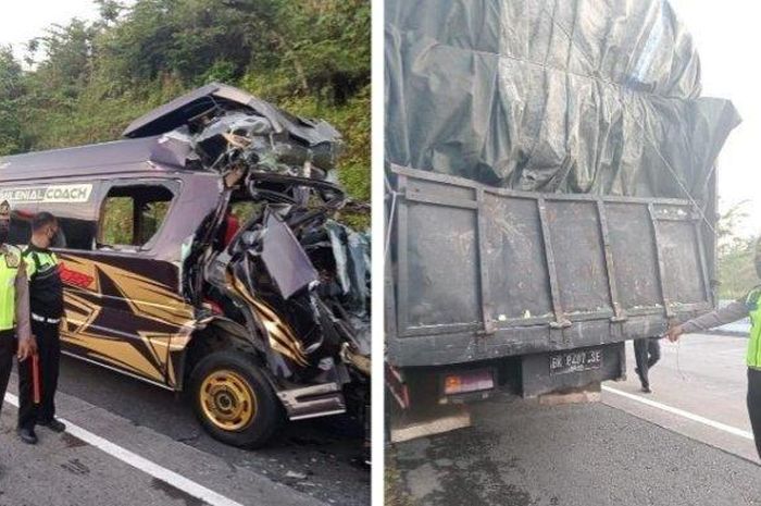 Kondisi Isuzu Elf dan truk Fuso yang terlibat kecelakaan .