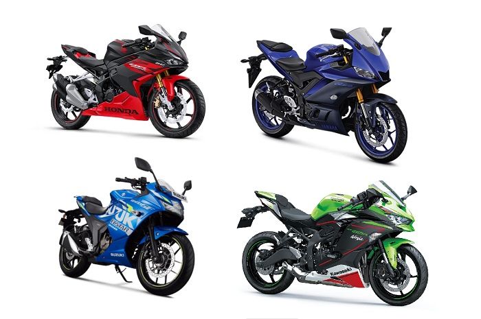 Kolase motor sport 250 cc spek tertinggi, ada Honda CBR250RR, Yamaha R25, Suzuki Gixxer SF 250, dan Kawasaki Ninja ZX-25R.