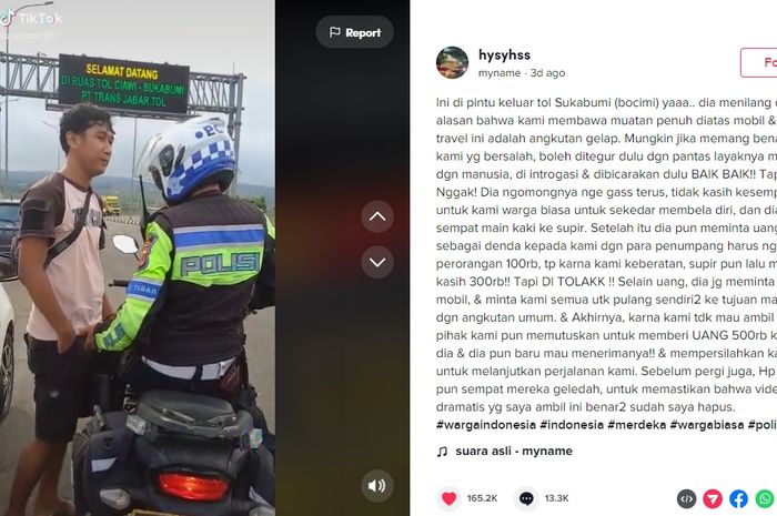 Viral di media sosial rekaman aksi pungli yang dilakukan oknum polisi di pintu tol Bocimi.