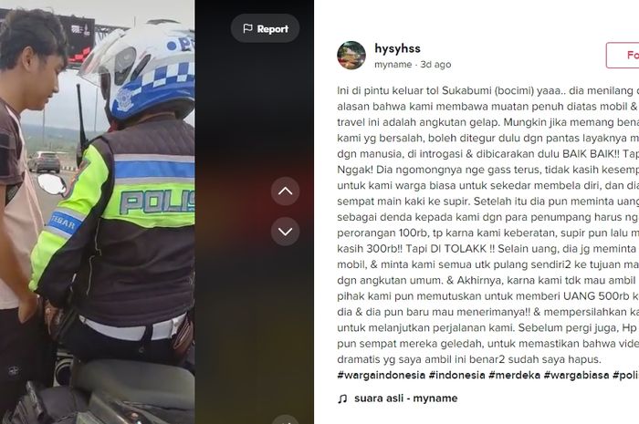Viral oknum polisi lakukan pungli di pintu tol Bocimi, Sukabumi, Jawa Barat, pada Senin (26/09/2022).