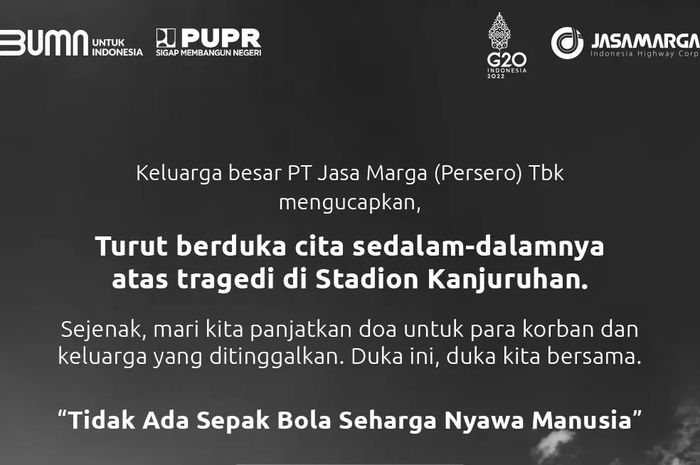 Jasa Marga ikut berduka atas tragedi di Stadion Kanjuruhan, Malang, pada Sabtu (01/10/2022).