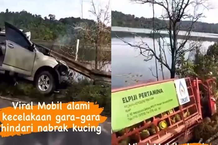 Tangkap layar kecelakaan Toyota Rush dan truk elpiji akibat menghindari kucing nyeberang jalan.