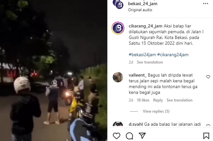 Balap liar dilaporkan sempat terjadi di Jalan I Gusti Ngurah Rai, Kota Bekasi, Sabtu (15/10/2022).