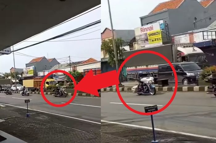 Rombongan moge Harley-Davidson yang nekat lawan arus saat melintas di Batang, Jawa Tengah (Jateng).