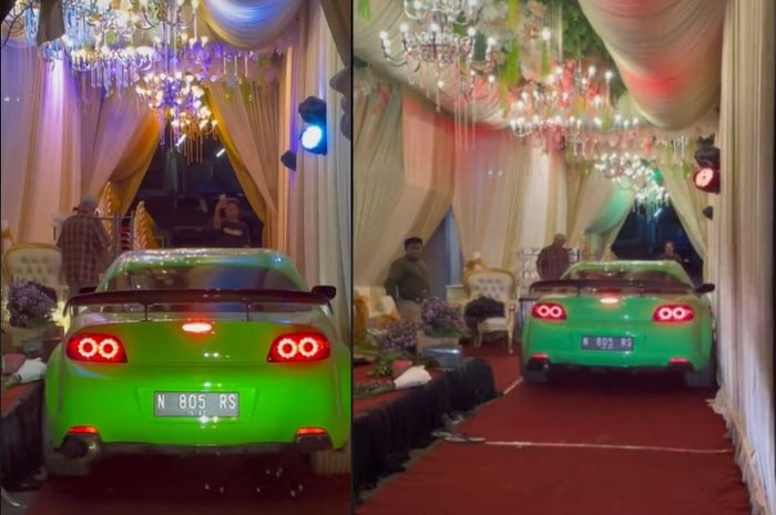 Momen Mazda RX-8 warna hijau terobos lokasi acara pernikahan.