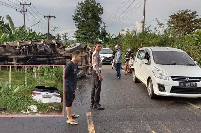 Toyota Fortuner nyungsep ke semak setelah adu wajah musuh truk di desa Ambungan, Pelaihari, Tanah Laut, Kalimantan Selatan