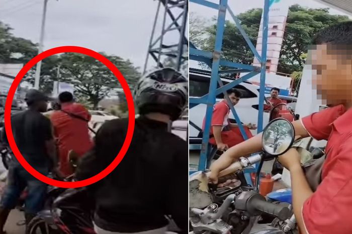 tangkap layar petugas SPBU mengisi bensin duluan motor yang tidak antre.