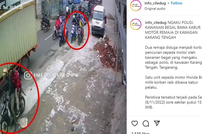 Beredar rekaman CCTV aksi kawasan begal mengaku polisi di Tangerang, pada Selasa (08/11/2022) lalu.