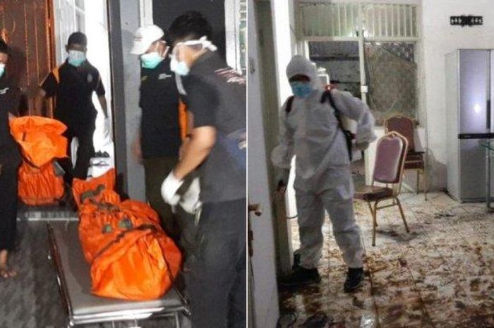 Petugas PMI dan kepolisian menyemprot disinfektan dan menabur kopi di beberapa sudut rumah tempat penemuan satu keluarga tewas di Kalideres, tepatnya di Perumahan Citra Garden I, Jakarta Barat disemprot cairan disinfektan pada Sabtu (12/11/2022) malam. 