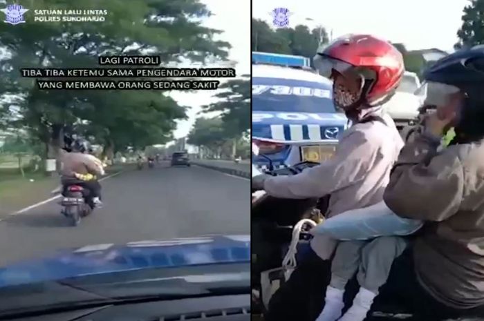 tangkap layar anggota Polantas Sukoharjo memberhentikan pengendara motor yang membawa anak sakit.